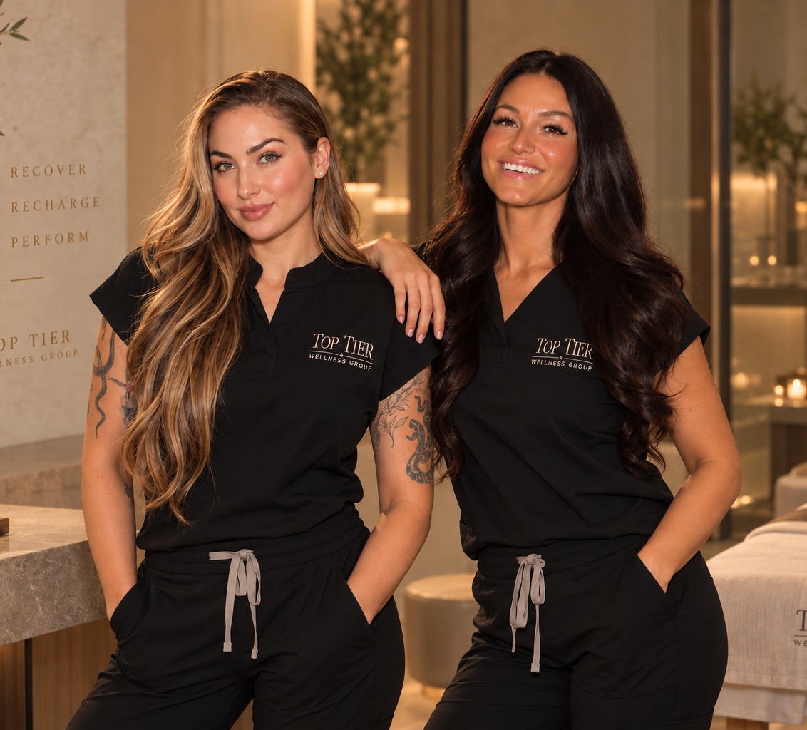 Alyssa and Alex of Top Tier Wellness Group standing side by side in a softly lit luxury lounge